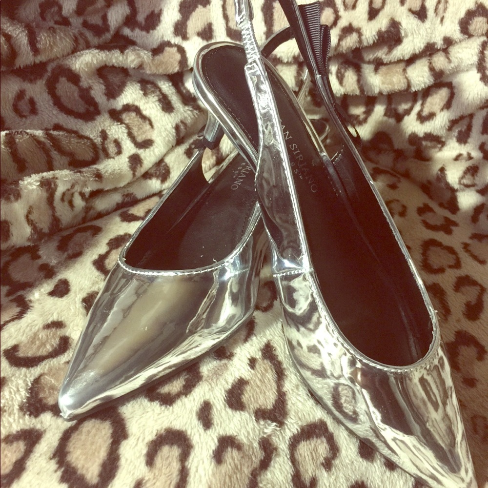 Christian Siriano silver kitten heel slingbacks